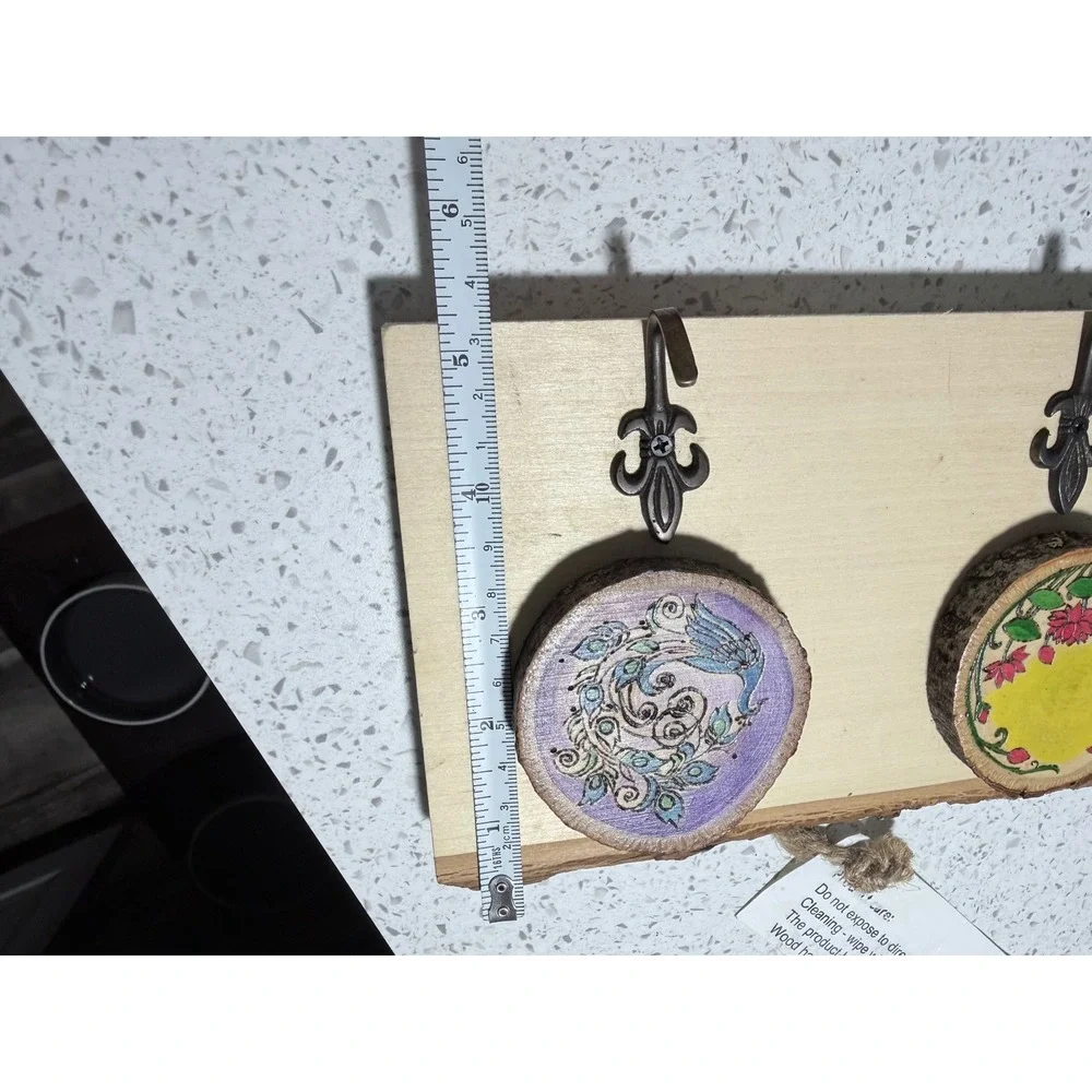 Boho‎ Artisan Wood Slice Wall Hook Rack Hand Painted Elephant Peacock  Decor
